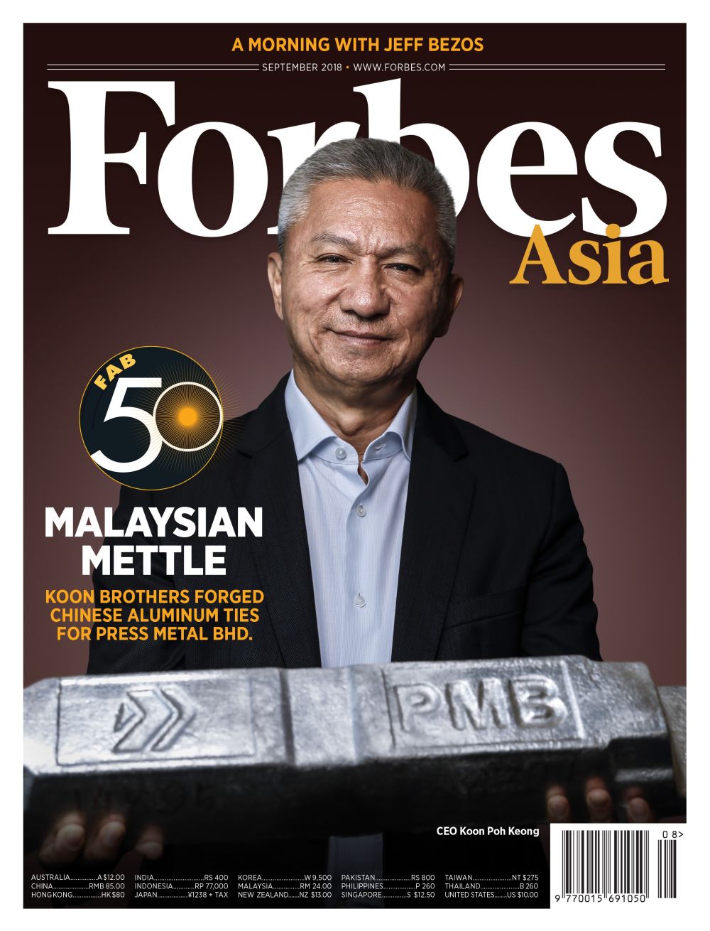 Press Metal Aluminium CEO Koon Poh Keong was featured on the cover of the latest issue of Forbes Asia. u00e2u20acu2022 Picture via Forbes Asia