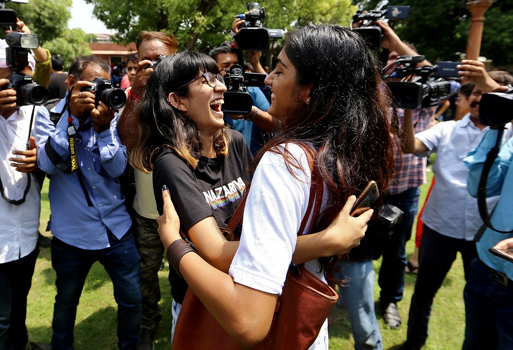 People celebrate after the Supreme Court's verdict of decriminalizing gay sex and revocation of the Section 377 law, inside the Supreme Court premises in New Delhi, India, September 6, 2018. u00e2u20acu201d Reuters  pic