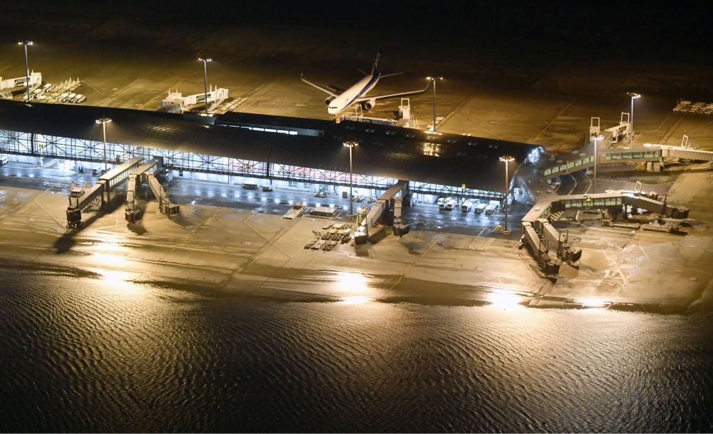 An aerial view shows a flooded runway at Kansai airport  after Typhoon Jebi hit the area in Izumisano, western Japan, in this photo taken by Kyodo September 4, 2018. u00e2u20acu2022 Picture by Kyodo/via Reuters