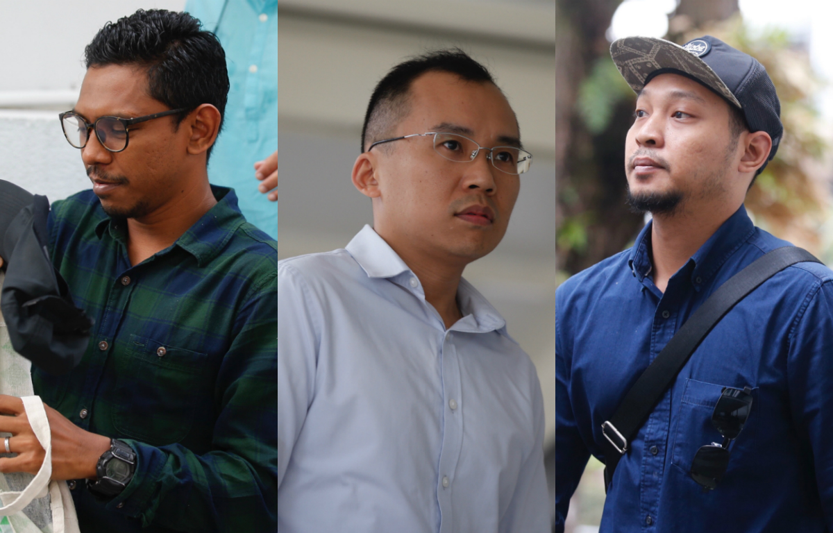(From left) SCDF officers Mohamed Farid Mohd Saleh, Kenneth Chong Chee Boon and Adighazali Suhaimi appeared in court on Monday. — Najeer Yusof/TODAY pic