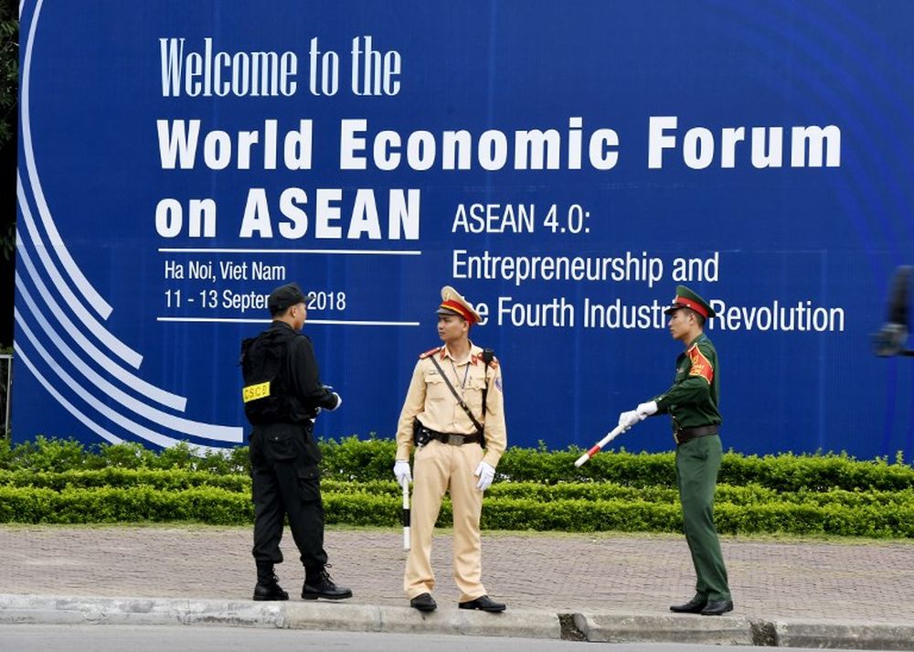 Vietnam police personnel guard the compound of the National Convention Center in Hanoi, the venue of the World Economic Forum on Asean on September 11, 2018. u00e2u20acu201d AFP pic