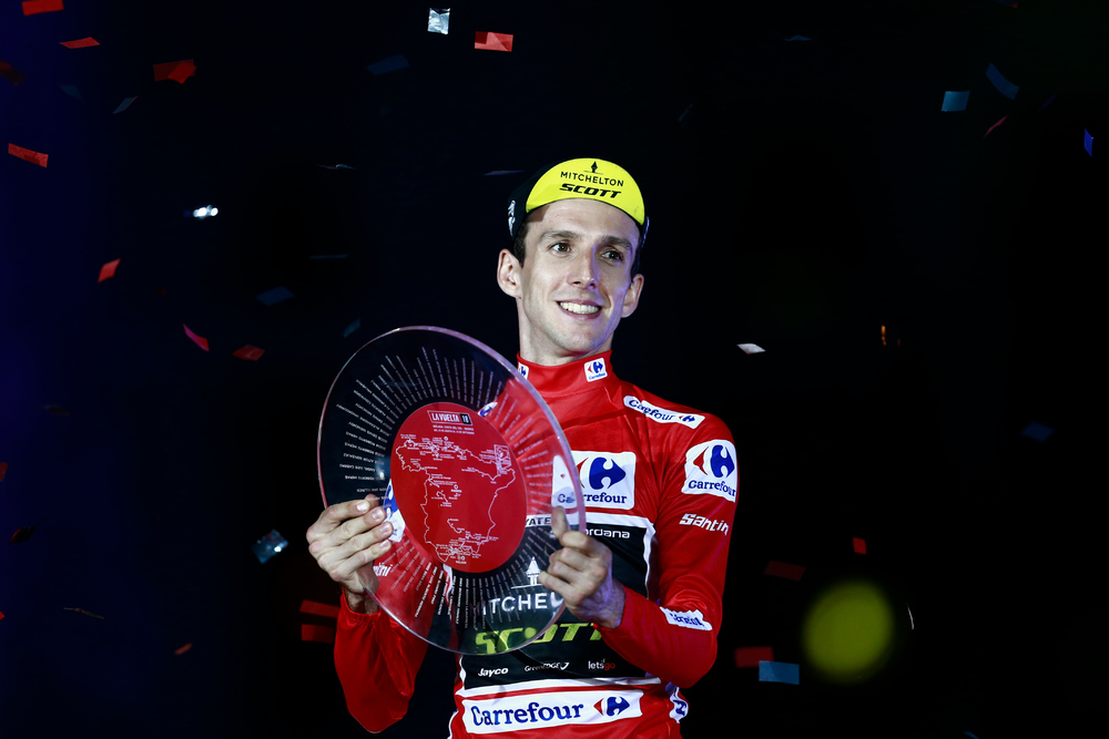 Mitchelton-Scott's British cyclist Simon Philip Yates celebrates on the podium after winning the 73rd edition of 'La Vuelta' Tour of Spain cycling race in Madrid September 16, 2018. u00e2u20acu201d AFP pic