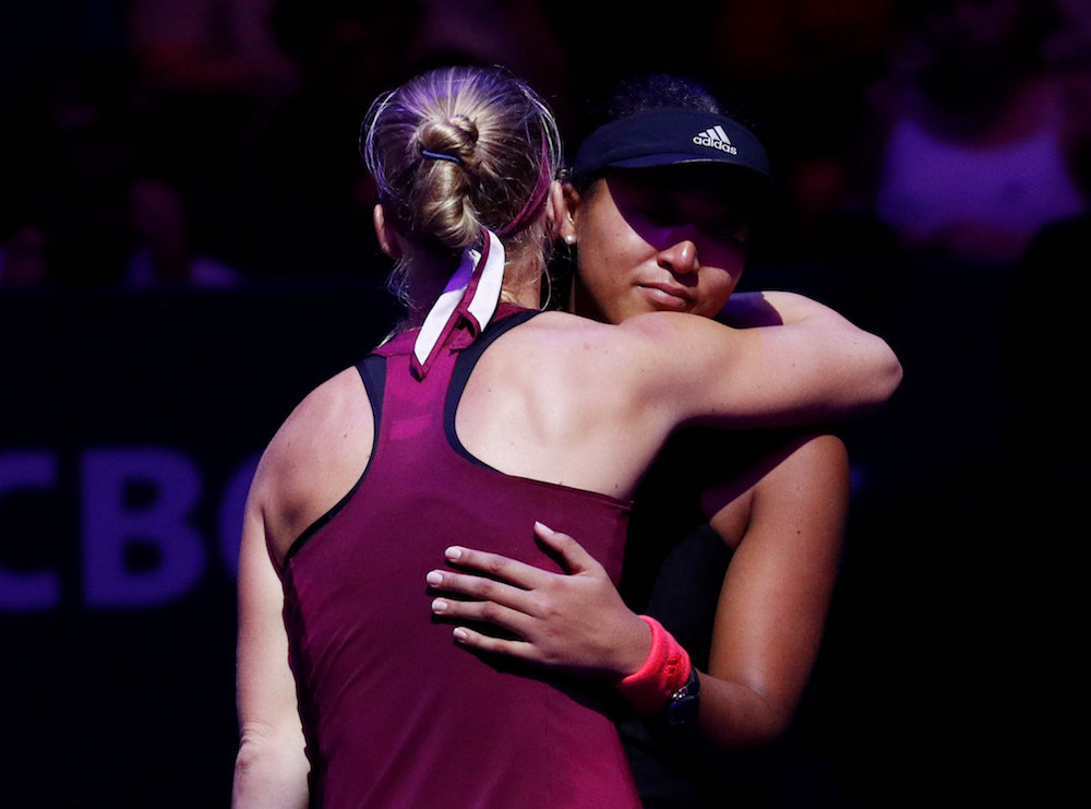 Japanu00e2u20acu2122s Naomi Osaka hugs Netherlandsu00e2u20acu2122 Kiki Bertens after retiring from their group stage match at the WTA Tour Finals in Singapore October 26, 2018. u00e2u20acu201d Reuters pic
