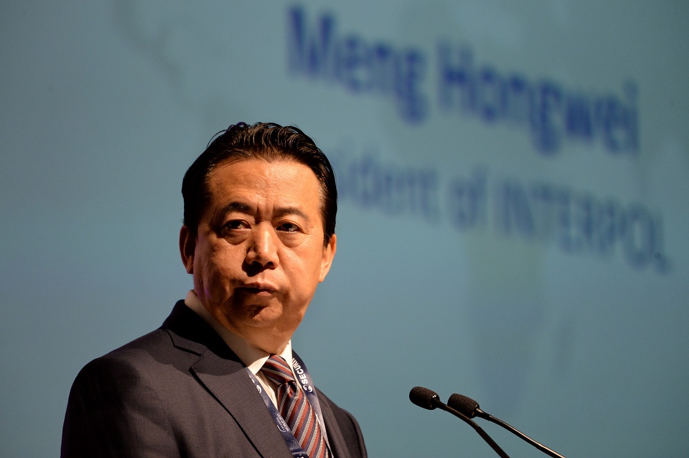 In this file photo taken on July 4, 2017 Meng Hongwei, president of Interpol, gives an addresses at the opening of the Interpol World Congress in Singapore. u00e2u20acu201d AFP pic