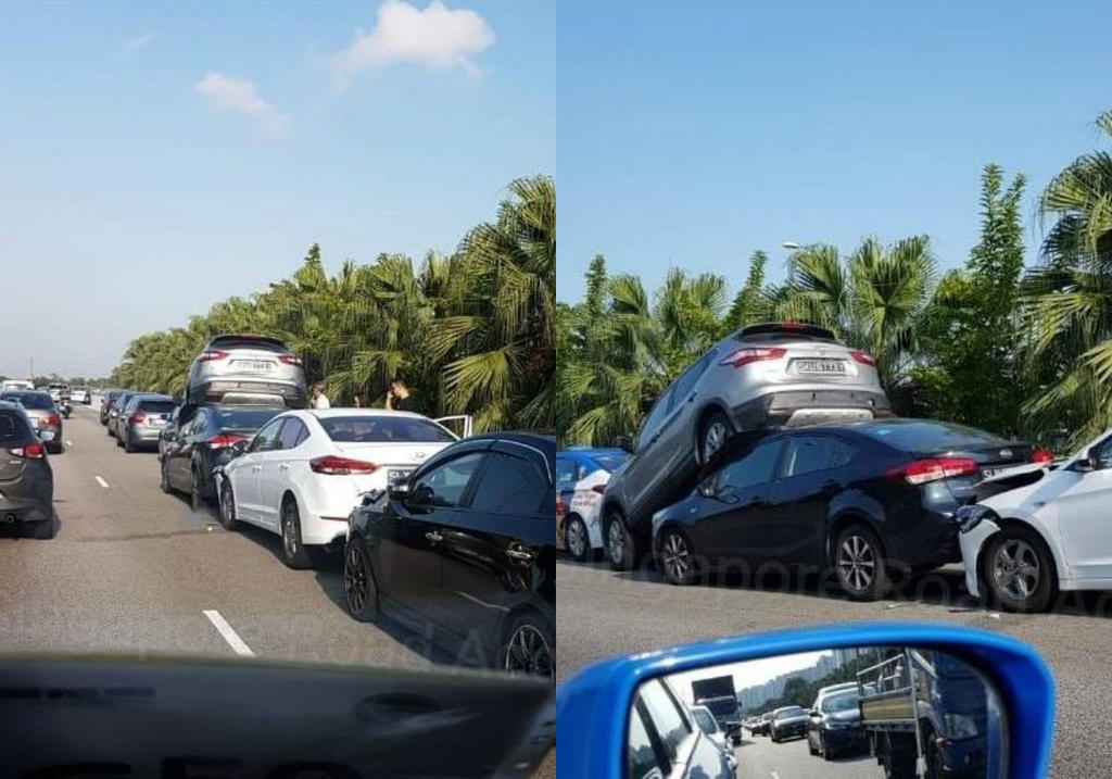 Pictures of the five-car pile up circulating on social media showed the back part of a Nissan SUV mounted on the front of a saloon car. u00e2u20acu201d Picture courtesy of Singapore Road Accident/Facebook