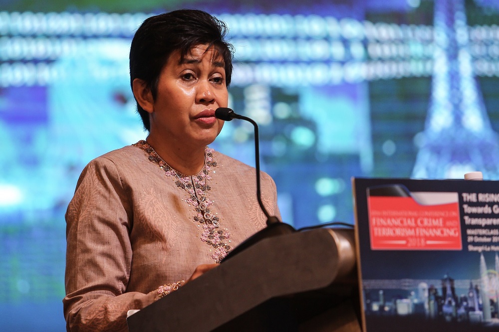 Bank Negara Malaysia governor Datuk Nor Shamsiah Mohd Yunus delivers her opening speech of the International Conference on Financial Crime and Terrorism Financing 2018 in Kuala Lumpur October 30, 2018. u00e2u20acu201d Picture by Hari Anggara