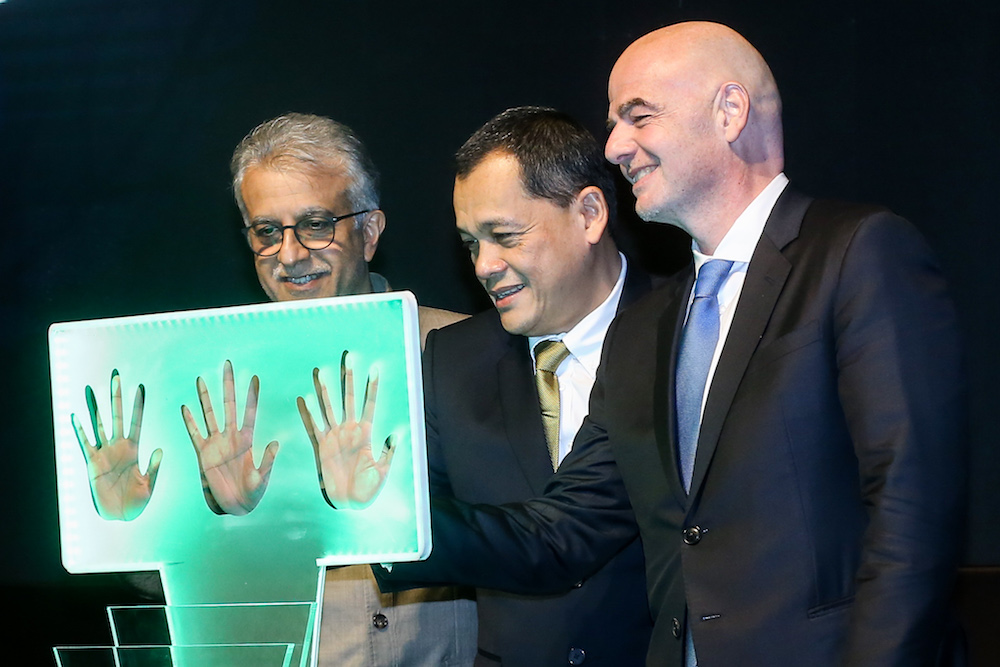 AFC President Shaikh Salman Ebrahim Al Khalifa, FAM President Datuk Hamidin Amin and Fifa President Gianni Infantino launch the F:30 roadmap in Kuala Lumpur October 31, 2018. u00e2u20acu201d Picture by Ahmad Zamzahuri