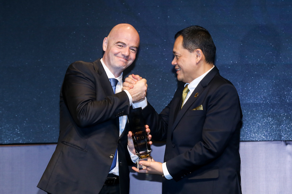 Fifa President Gianni Infantino and FAM President Datuk Hamidin Amin are seen during the F:30 roadmap launch ceremony in Kuala Lumpur October 31, 2018. u00e2u20acu201d Picture by Ahmad Zamzahuri