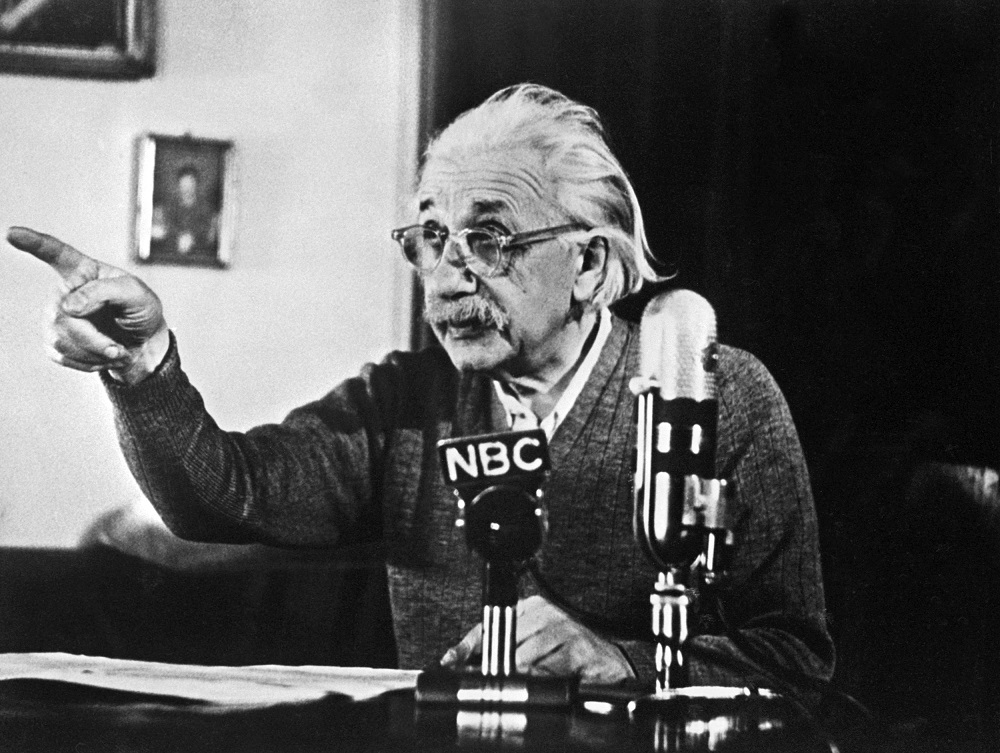 In this file photo taken on February 14, 1950, physicist Albert Einstein, declares his opposition to the u00e2u20acu02dcHu00e2u20acu2122 bomb and to the arms race between the USA and the USSR in a conference in Princeton which created a considerable stir. u00e2u20acu201d AFP pic