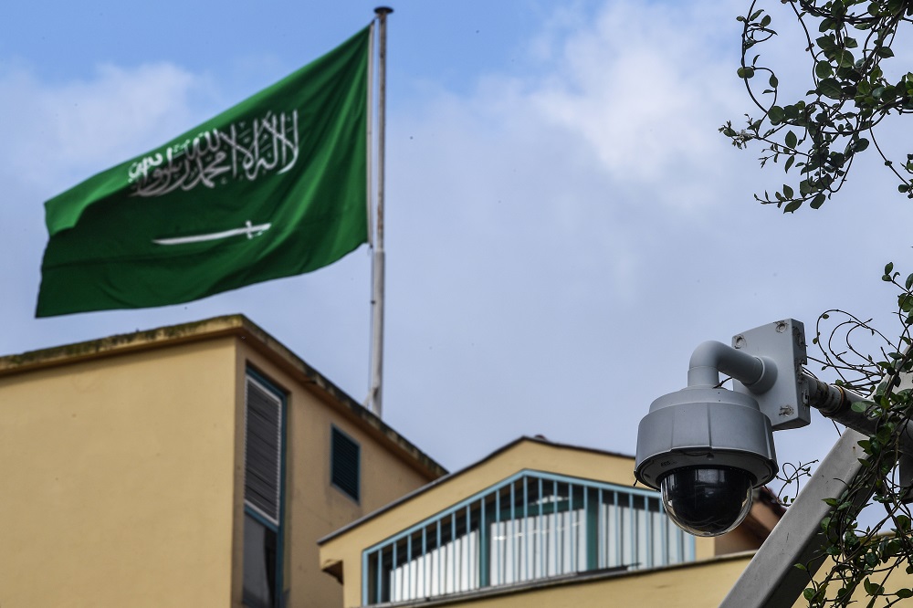 This picture shows a Saudi Arabia flag and a video camera surveillance at the backyard of the Saudi Arabian consulate on October 11, 2018 in Istanbul. u00e2u20acu201d AFP pic