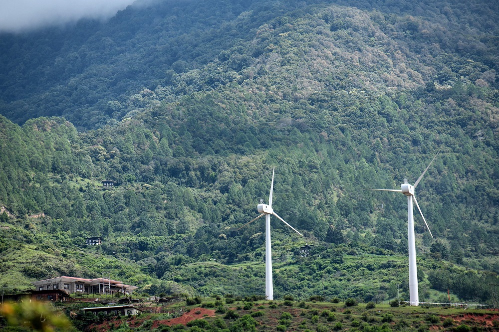 In this photo taken on August 24, 2018, Bhutanu00e2u20acu2122s first pair of wind turbines are pictured in Rubesa village in Wangdue Phodrang. u00e2u20acu201d AFP pic 