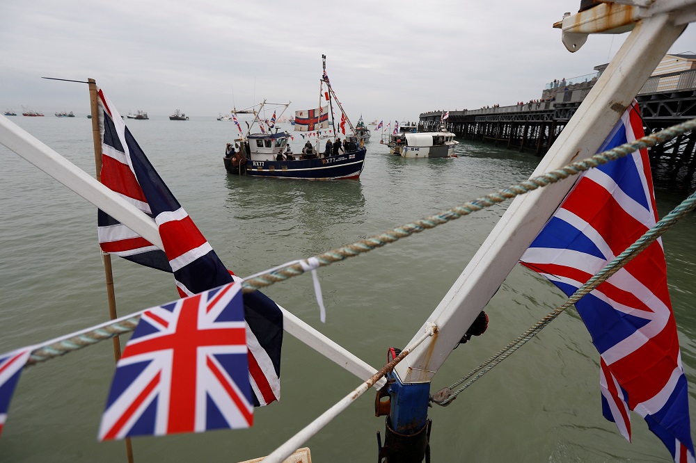 Supporter sail in protest, staged by fishermen and fishing communities from the campaign group 'Fishing for Leave' in ports across the country, against Theresa Mayu00e2u20acu2122s Brexit transition deal, in Hastings, Britain April 8, 2018. u00e2u20acu201d Reuters  pic