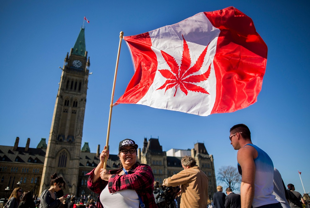 In this file photo taken on April 20, 2016, a woman waves a flag with a marijuana leaf on it next to a group gathered to celebrate National Marijuana Day on Parliament Hill in Ottawa, Canada. u00e2u20acu201d AFP pic 