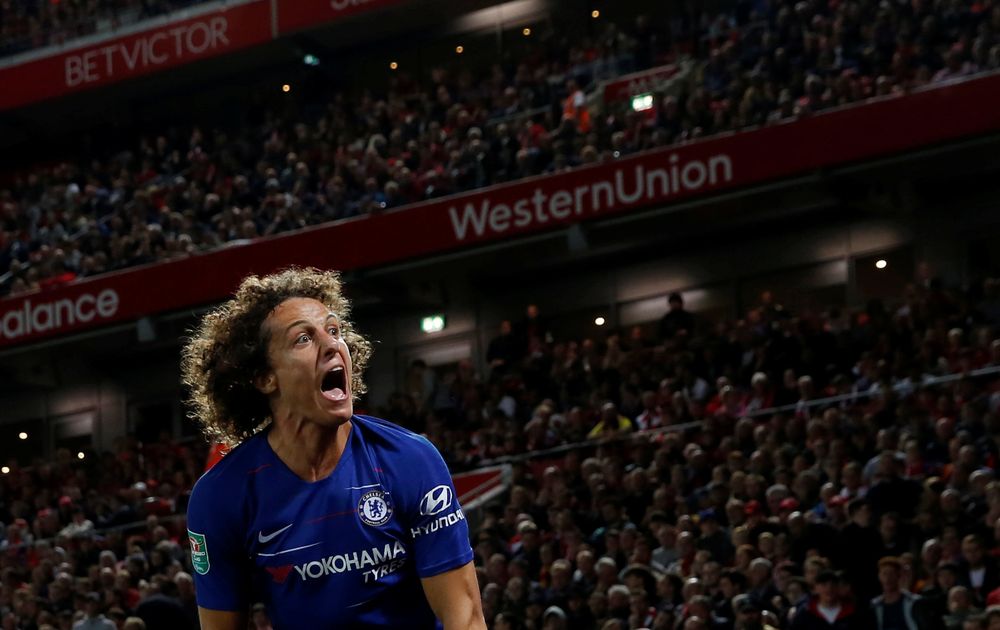 Chelseau00e2u20acu2122s David Luiz celebrates after Eden Hazard (not pictured) scored their second goal against Liverpool during their Carabao Cup Third Round match at Anfield, Liverpool, September 26, 2018. u00e2u20acu201d Reuters pic