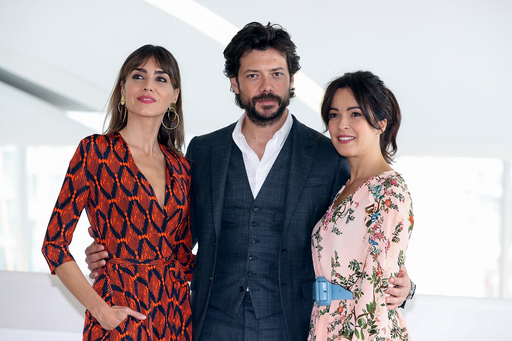 (From left) Irene Arcos, Alvaro Morte and Veronica Sanchez pose during a photocall for the TV series 'The Pier', on October 16, 2018 in Cannes, France. u00e2u20acu201d AFP pic