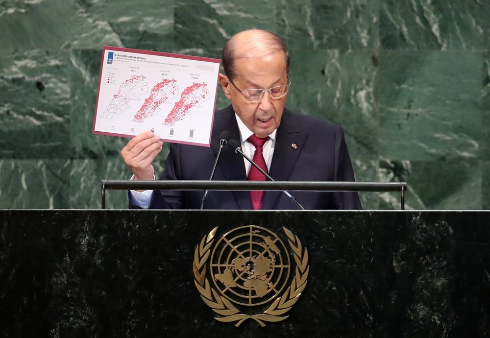 Lebanonu00e2u20acu2122s President Michel Aoun holds up a chart as he addresses the 73rd session of the United Nations General Assembly at UN headquarters in New York, September 26, 2018. u00e2u20acu201d Reuters pic