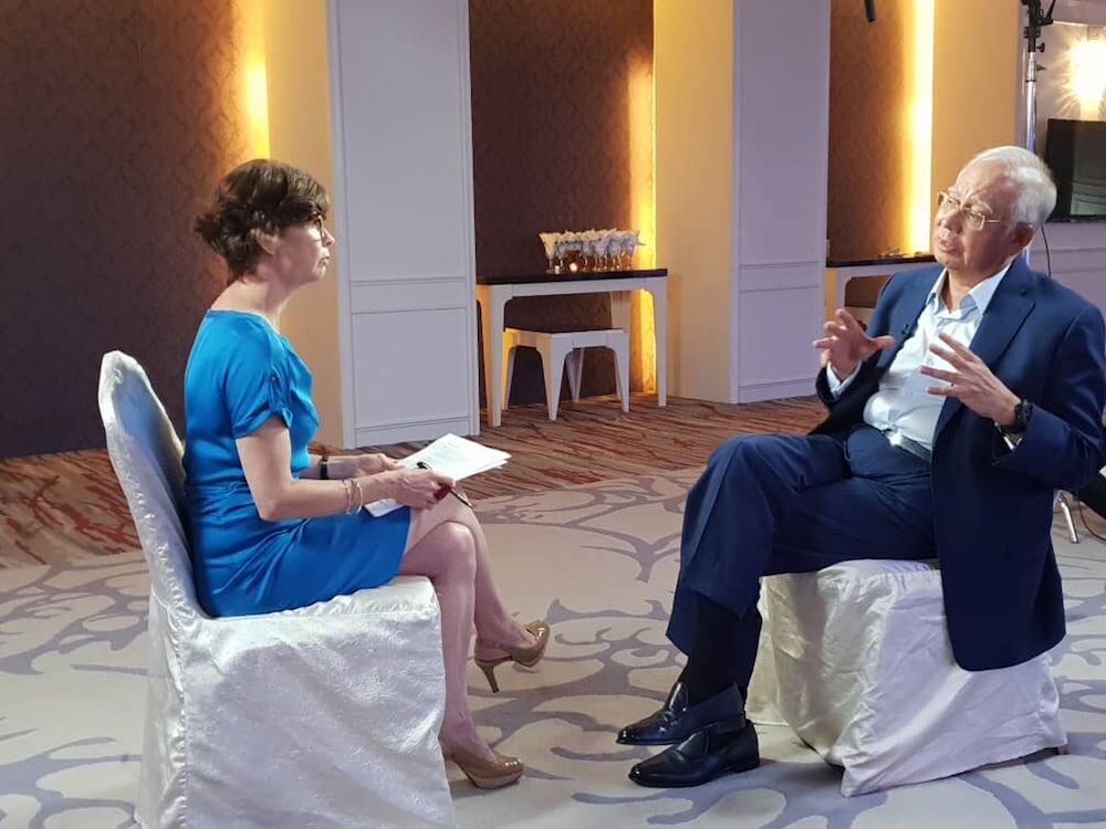 Former prime minister Datuk Seri Najib Razak speaks to Mary Ann Jolley on Al Jazeerau00e2u20acu2122s 101 East show. u00e2u20acu201d Picture courtesy of Al Jazeera
