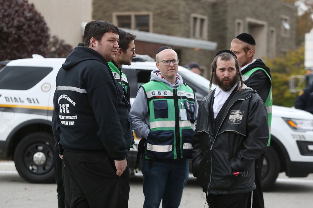 A crew from Chesed Shel Emes Emergency Services and Recovery Unit arrive at the Tree of Life synagogue where 11 worshippers were murdered in Pittsburgh, Pennsylvania, October 28, 2018. u00e2u20acu201d Reuters pic