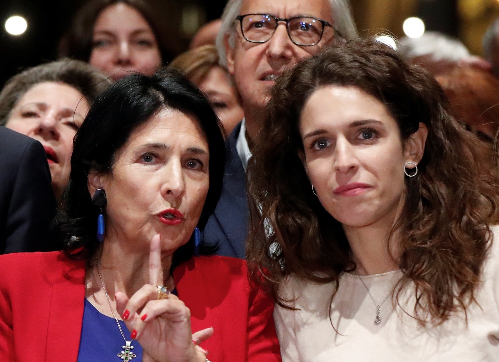 Salome Zurabishvili speaks with her daughter Ketevan Gorjestani as they await the announcement of the first exit polls in the presidential election in Tbilisi, Georgia October 28, 2018. u00e2u20acu201d Reuters pic