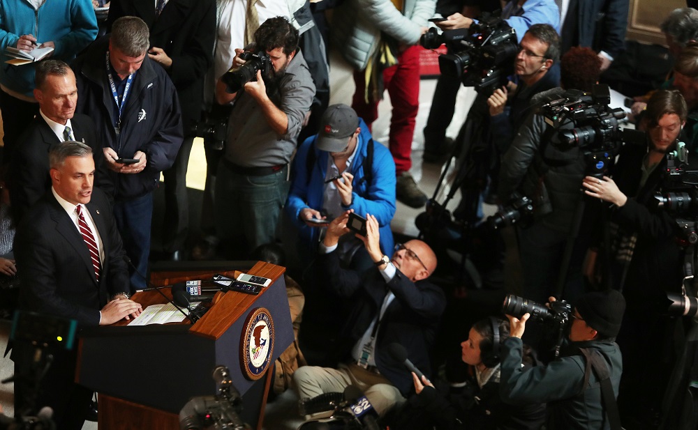 US Attorney Scott Brady speaks to media inside the federal court after Robert Bowers, the man arrested in Saturday's mass shooting at a Pittsburgh synagogue made his first appearance in court in Pittsburgh, Pennsylvania, October 29, 2018. u00e2u20acu201d Reuters pic 
