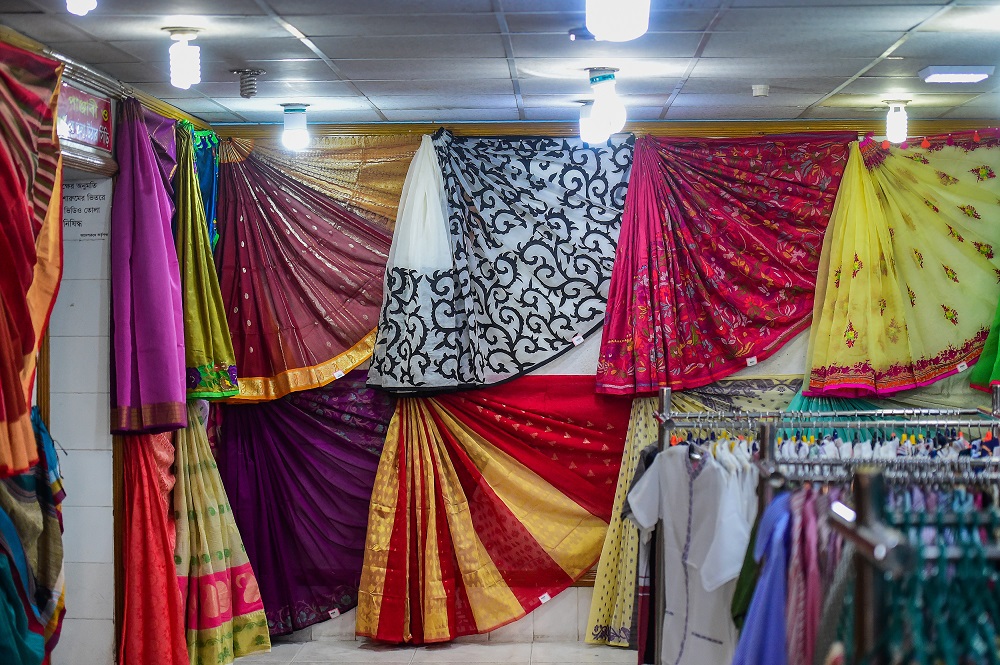 Finished silk products at a showroom in a silk factory in Rajshahi. u00e2u20acu201d AFP pic