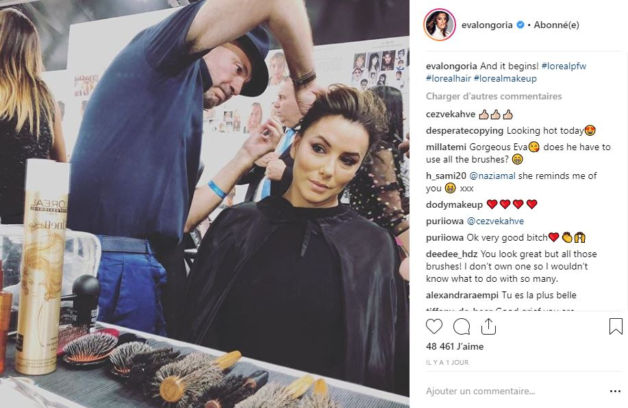 Eva Longoria shares several behind-the-scenes pictures from the L'Oru00c3u00a9al Paris fashion show. u00e2u20acu201d Image courtesy of Eva Longoria/Instagram