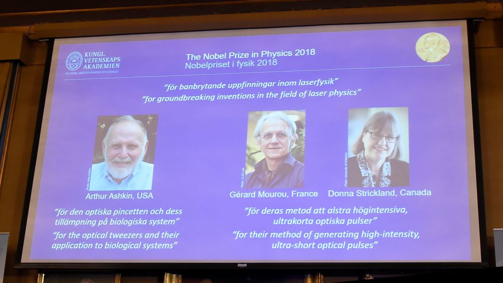 The Nobel Prize laureates for physics 2018 Arthur Ashkin of the United States, Gerard Mourou of France and Donna Strickland of Canada are announced at the Royal Swedish Academy of Sciences in Stockholm October 2, 2018. u00e2u20acu201d Reuters pic