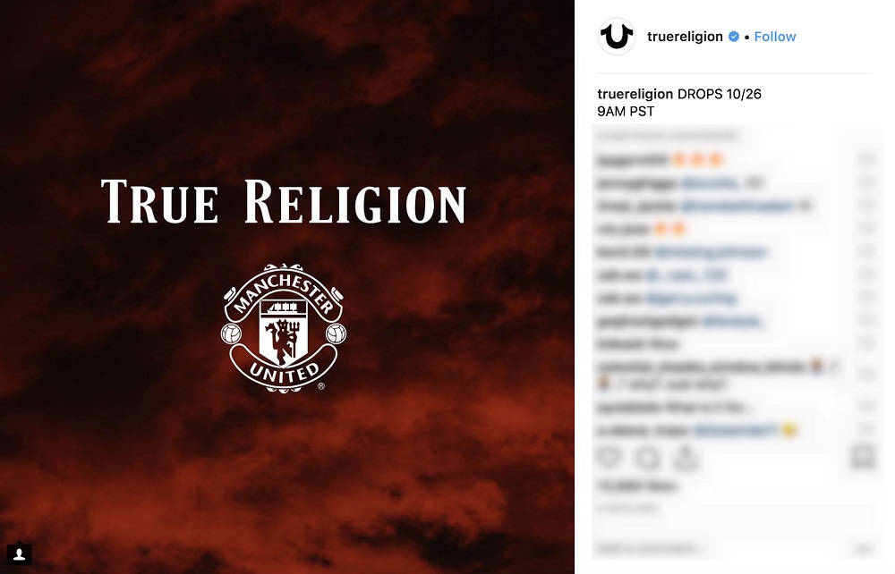 True Religionu00e2u20acu2122s Instagram posting that teases a Manchester United collaboration. u00e2u20acu201d AFP pic