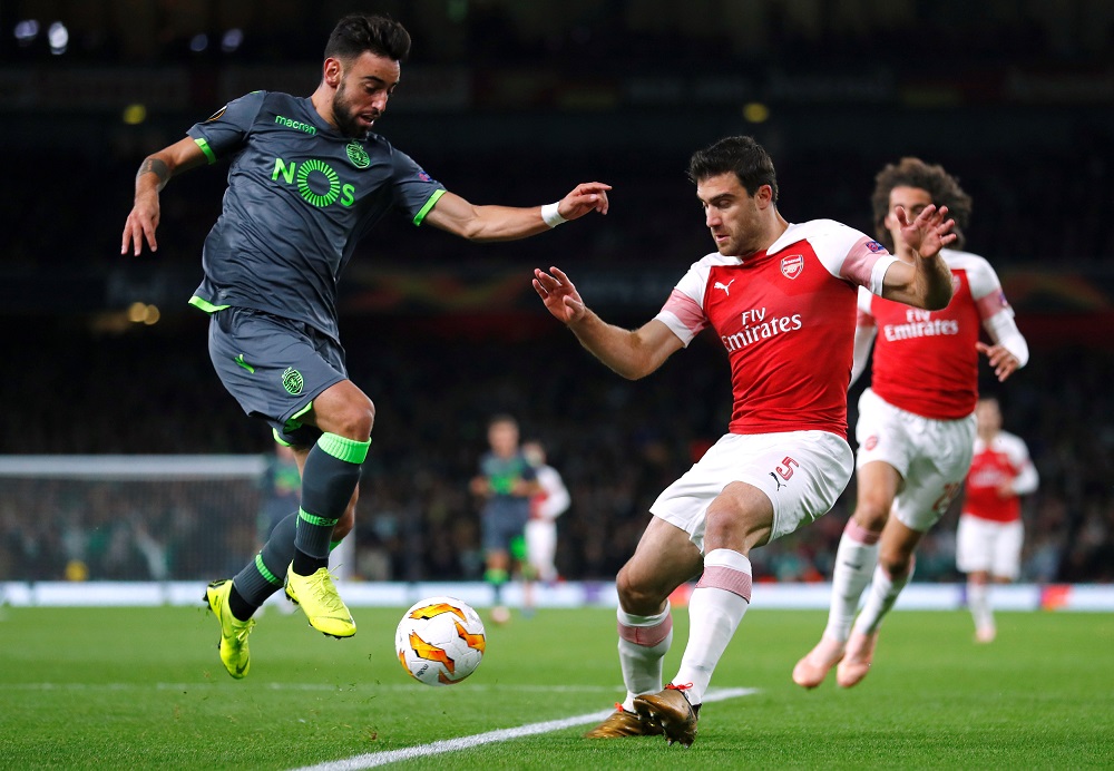 Arsenalu00e2u20acu2122s Sokratis Papastathopoulos in action with Sportingu00e2u20acu2122s Bruno Fernandes at the Emirates Stadium in London November 8, 2018. u00e2u20acu201d Reuters pic