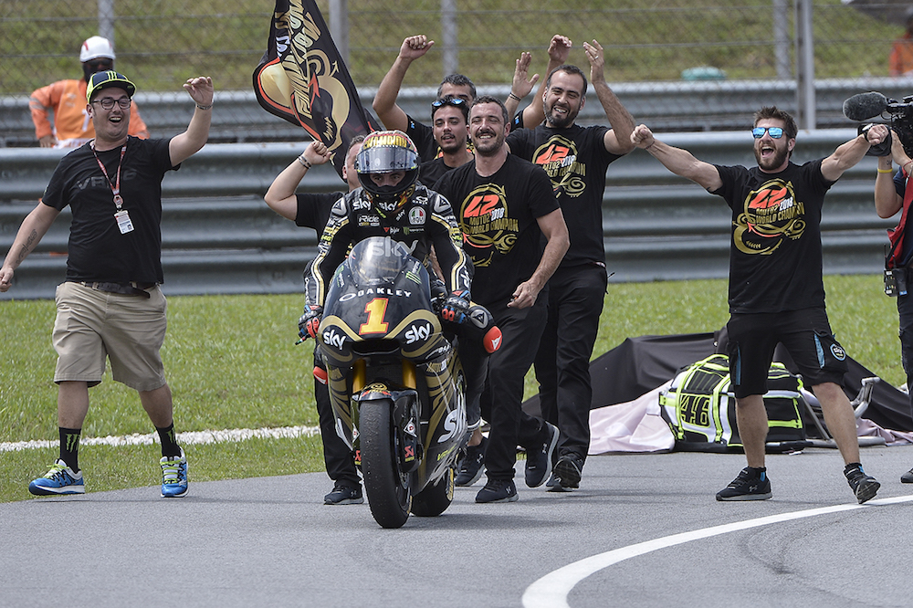 Moto2 rider Francesco Bagnaia of Italy and SKY Racing Team VR46 celebrates after winning the world champion title at Sepang International Circuit November 4, 2018. u00e2u20acu201d Picture by Mukhriz Hazim
