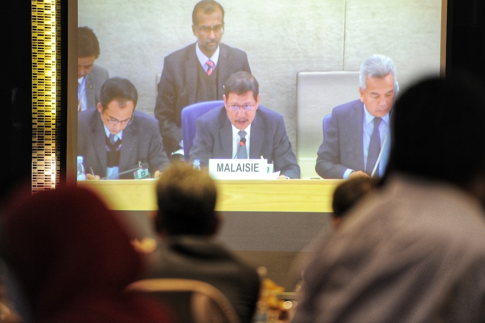 Foreign Ministry secretary-general Datuk Seri Ramlan Ibrahim is seen during a livecast of Malaysiau00e2u20acu2122s Universal Periodic Review (UPR) at the United Nations in Geneva November 8, 2018. u00e2u20acu201d Picture by Shafwan Zaidon 