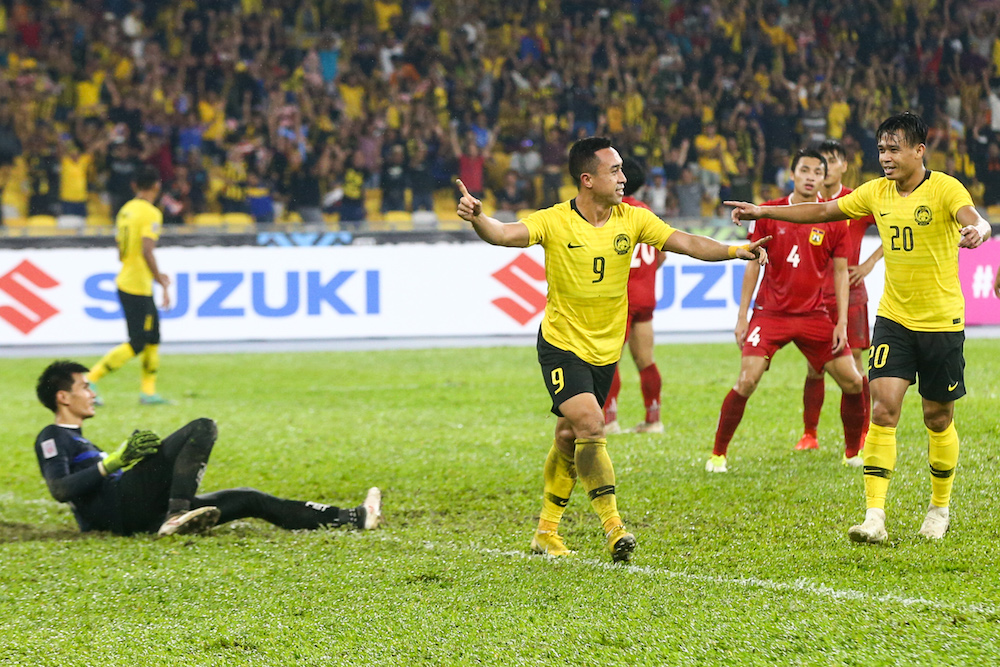 Malaysiau00e2u20acu2122s Norshahrul Idlan Talaha celebrates his second goal during the AFF Suzuki Cup group A match against Laos in Kuala Lumpur November 12,2018. u00e2u20acu201d Picture by Ahmad Zamzahuri
