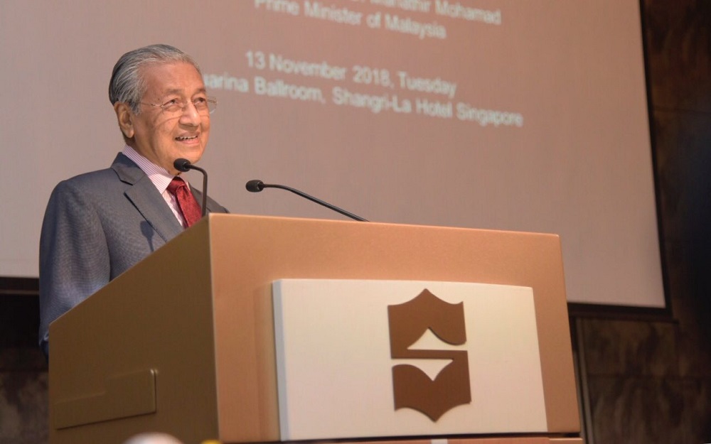 Prime Minister Tun Dr Mahathir Mohamad delivers his speech at Shangri-La Singapore November 13, 2018. u00e2u20acu201d Picture courtesy of the Information Department of Malaysia