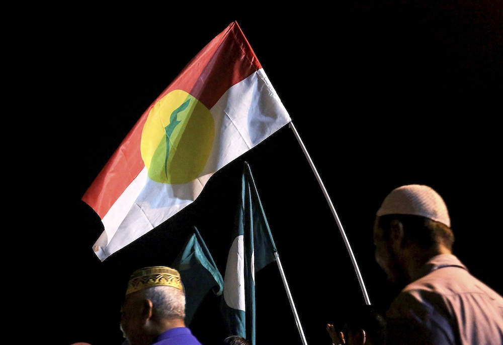 PAS and Umno flags are seen during an ICERD protest in Kampung Gajah, Perak November 17, 2018. u00e2u20acu201d Picture by Farhan Najib