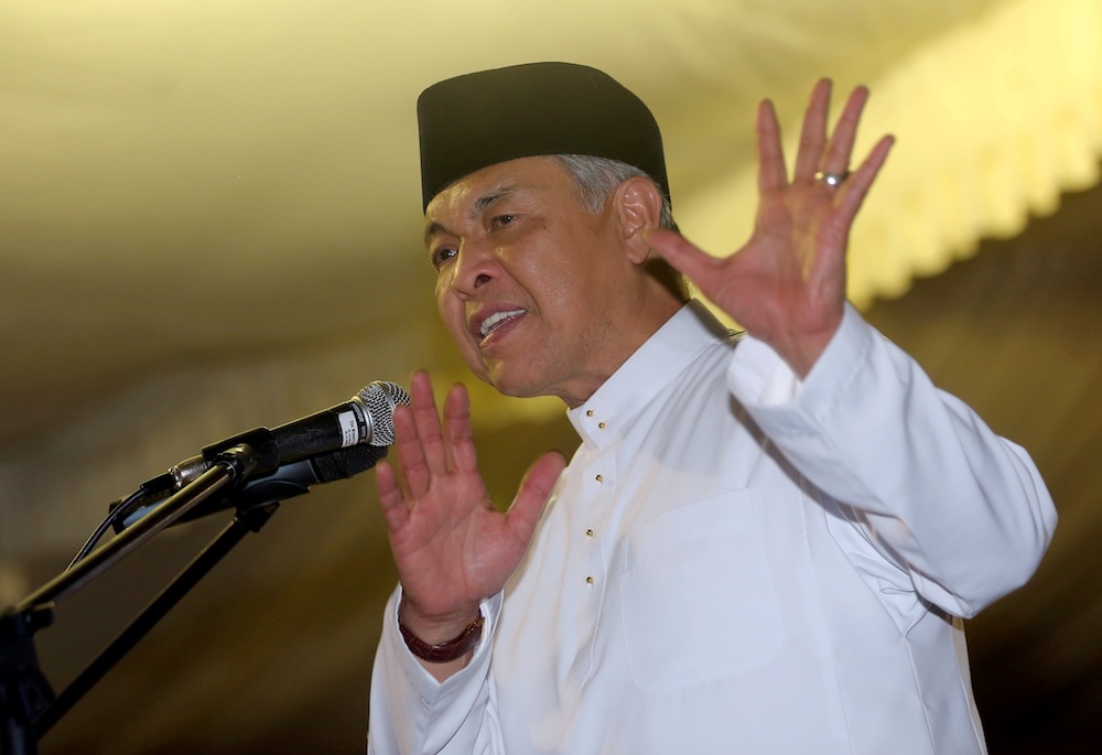 Umno president Datuk Seri Ahmad Zahid Hamidi speaks at an ICERD protest in Kampung Gajah, Perak November 17, 2018. u00e2u20acu201d Picture by Farhan Najib
