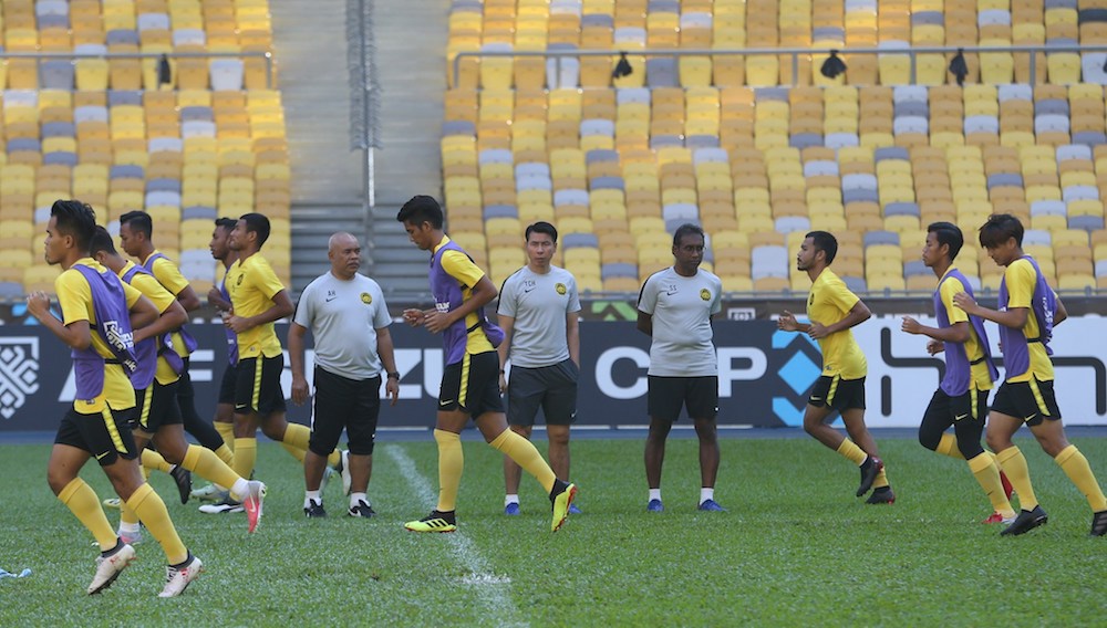 The Malaysian football team undergoes training ahead of their AFF Suzuki Cup first leg semi-final clash against Thailand tomorrow, at Bukit Jalil Stadium November 30, 2018. u00e2u20acu201d Picture Razak Ghazali