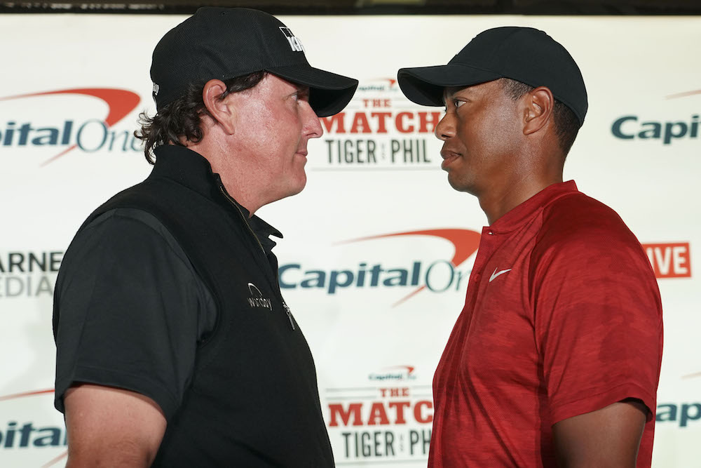 Phil Mickelson and Tiger Woods pose for a photo during a press conference at Shadow Creek Golf Course, Las Vegas November 20, 2018. u00e2u20acu201d Picture by Kyle Terada-USA TODAY Sports via Reuters