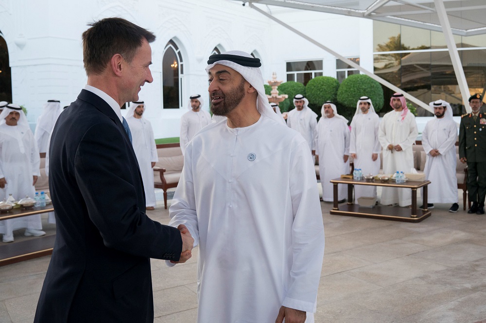 Abu Dhabi's Crown Prince Sheikh Mohammed Zayed al-Nahyan shakes hands with then British Foreign Minister Jeremy Hunt in Abu Dhabi, United Arab Emirates, November 12, 2018. — Reuters pic