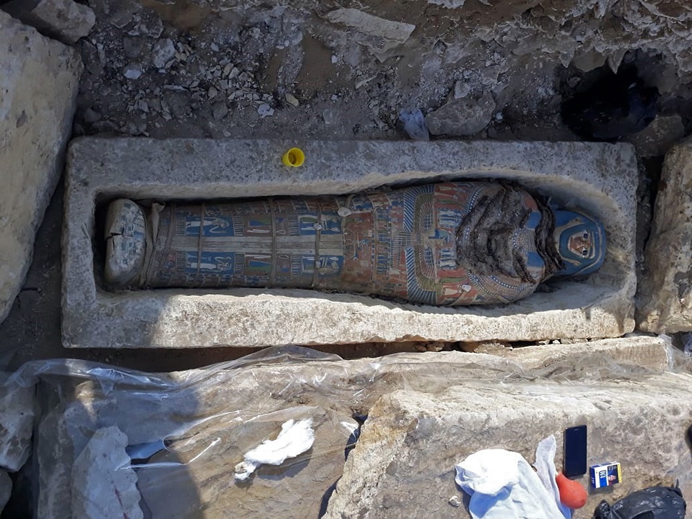 A handout picture released by the Egyptian Ministry of Antiquities on November 28, 2018 shows a newly-uncovered mummy dating back over 2,300 years found by Egyptian archaeologists at a pyramid complex south of Cairo. — AFP pic 