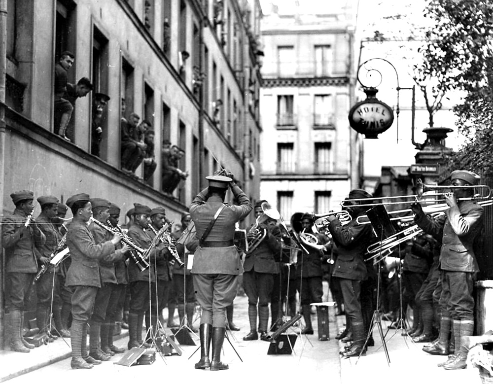A picture taken in 1918 in Paris shows US 369th Infantry Regiment Jazz orchestra conducted by James Reese performing for war wounded in front of the Hotel de Tunis. u00e2u20acu201d AFP pic   