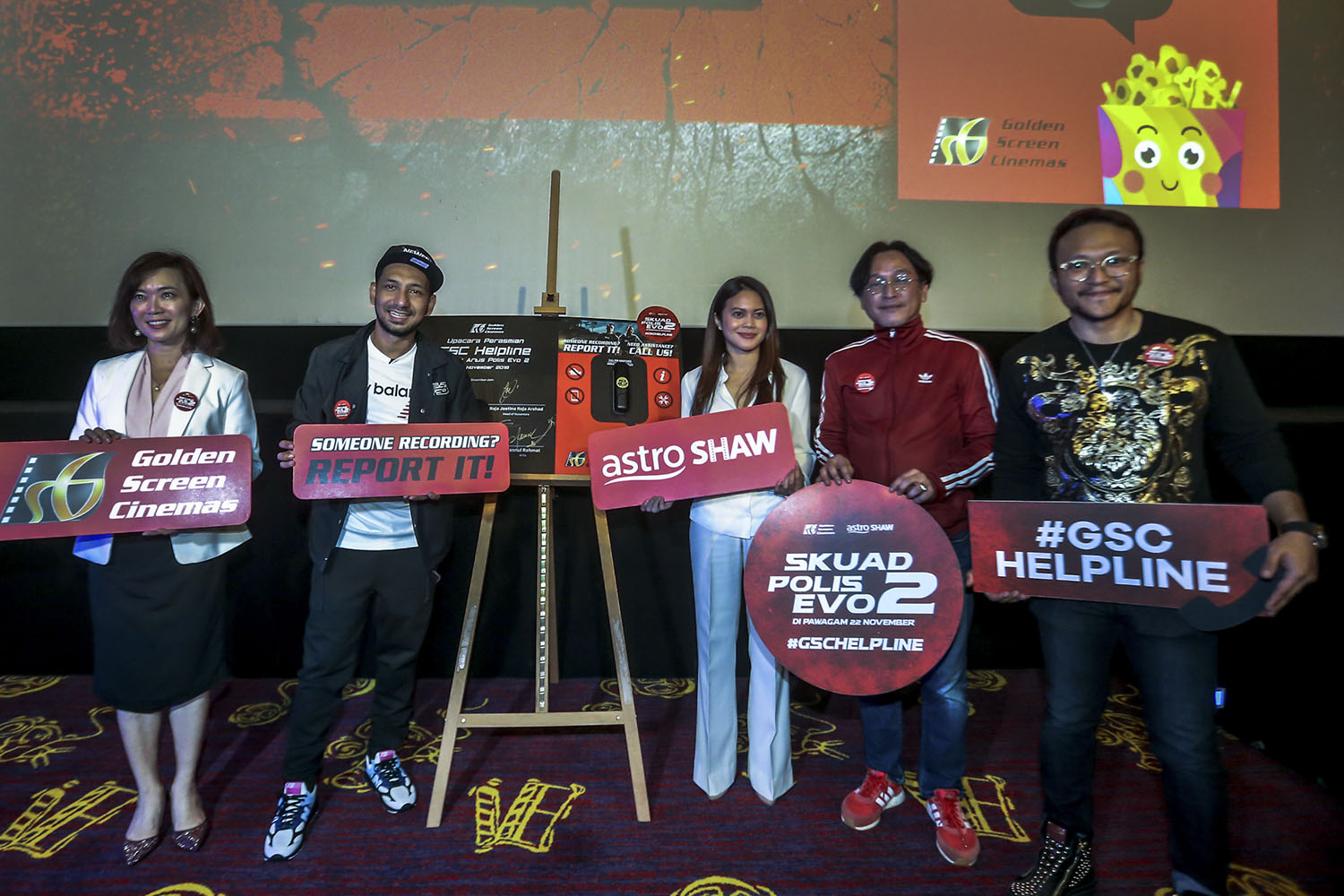 Koh Mei Lee, Zizan Razak, Raja Jastina Raja Arshad, Hasnul Rahmat and Shaheizy Sam at the launch of GSC Helpline at GSC Pavilion KL. u00e2u20acu201dPicture by Hari Anggara