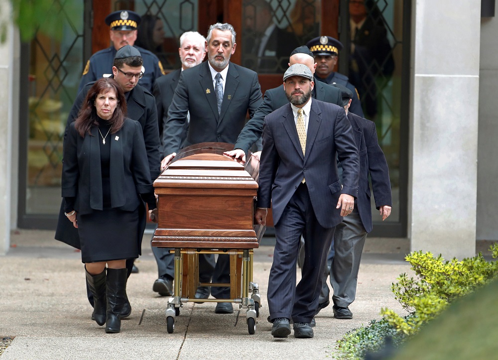The casket of Irving Younger, 69, a victim of Saturday's synagogue shooting, is carried to a waiting hearse after his funeral at Rodef Shalom Temple in Pittsburgh, Pennsylvania, October 31, 2018. u00e2u20acu201d Reuters pic