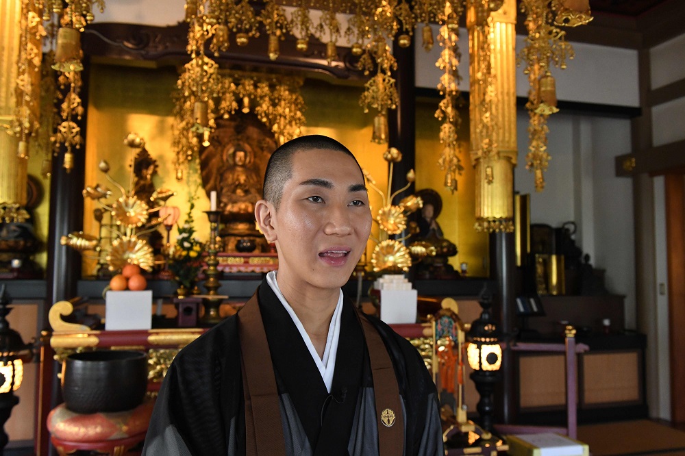 In this photo taken on July 19, 2018, Japanese make-up artist and Buddhist monk Kodo Nishimura speaks during an interview with an AFP reporter at a temple in Tokyo. — AFP pic