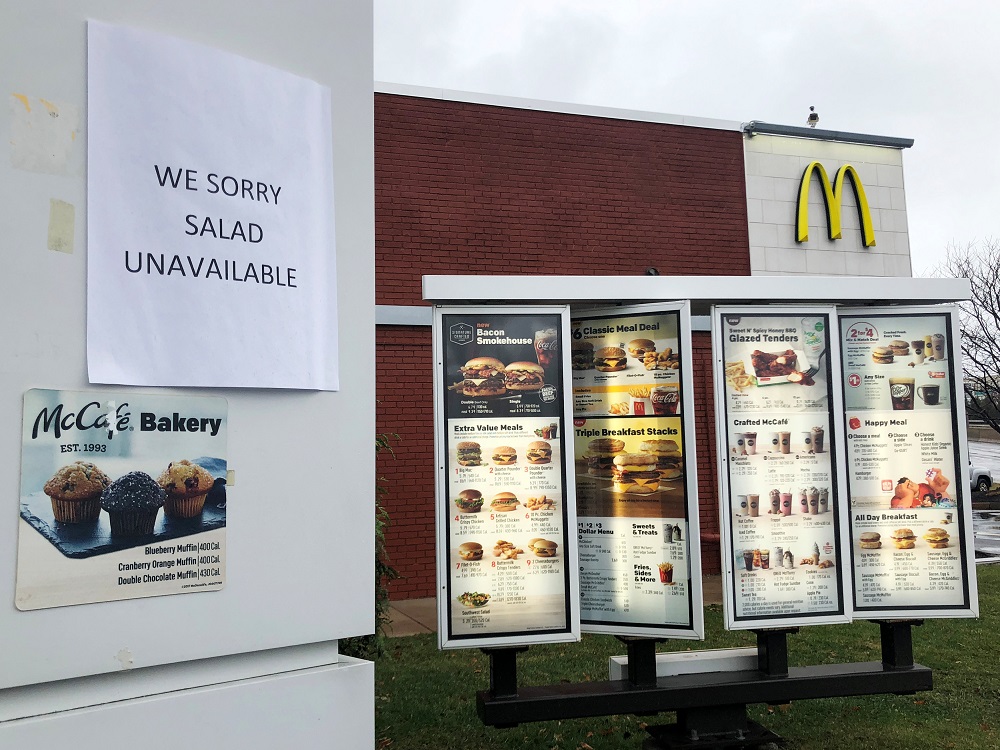 A sign at the drive-thru at a McDonalds restaurant announces 'We Sorry Salad Unavailable' in Somerville, Massachusetts, November 26, 2018. u00e2u20acu201d Reuters pic