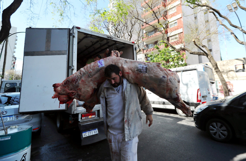 A man unloads cattle carcasses from a truck outside a butcher shop in Buenos Aires, Argentina October 29, 2018. u00e2u20acu201d Reuters pic