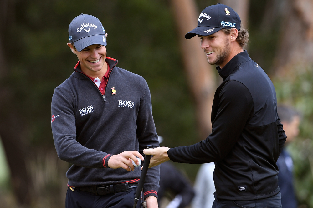 Thomas Detry (left) and Thomas Pieters of Belgium celebrate a birdie on the first day of the World Cup of Golf at the Metropolitan Golf Club in Melbourne November 22, 2018. u00e2u20acu201d AFP pic