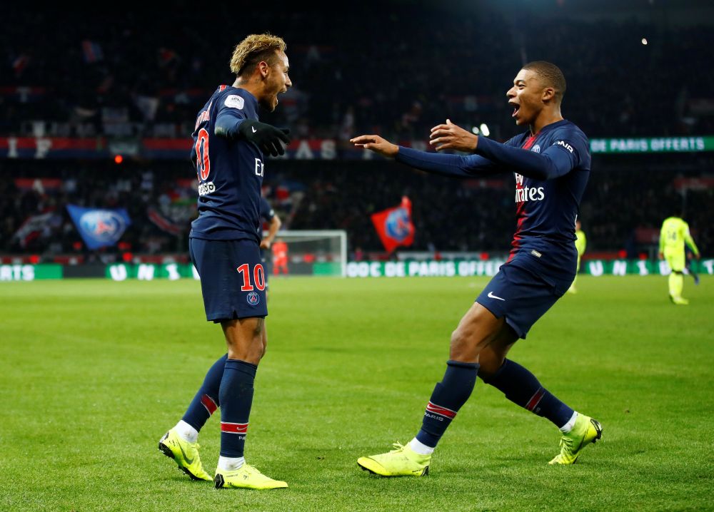 Paris St Germain's Neymar celebrates with Kylian Mbappe after scoring the second goal against Lille, November 2, 2018. u00e2u20acu2022 Reuters pic
