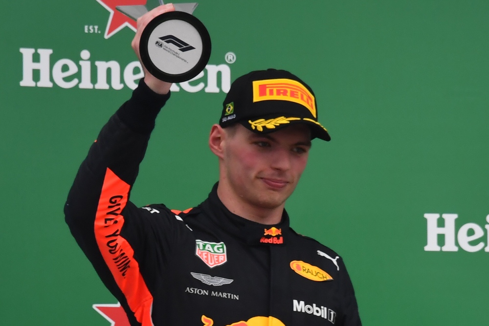 F1 Brazil Grand Prix runner-up Red Bull's Dutch driver Max Verstappen displays his trophy in the podium at the Interlagos racetrack in Sao Paulo November 11, 2018. u00e2u20acu201d AFP pic