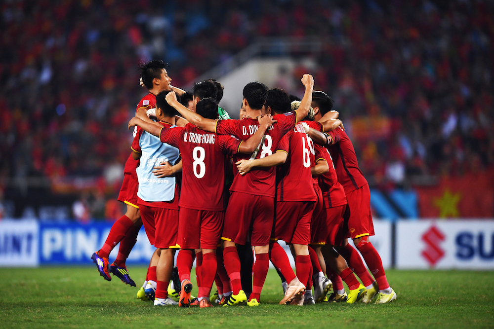 Vietnamu00e2u20acu2122s players celebrate at the end of the second leg of the AFF Suzuki Cup 2018 semi-final match between Vietnam and the Philippines in Hanoi December 6, 2018. u00e2u20acu201d AFP pic