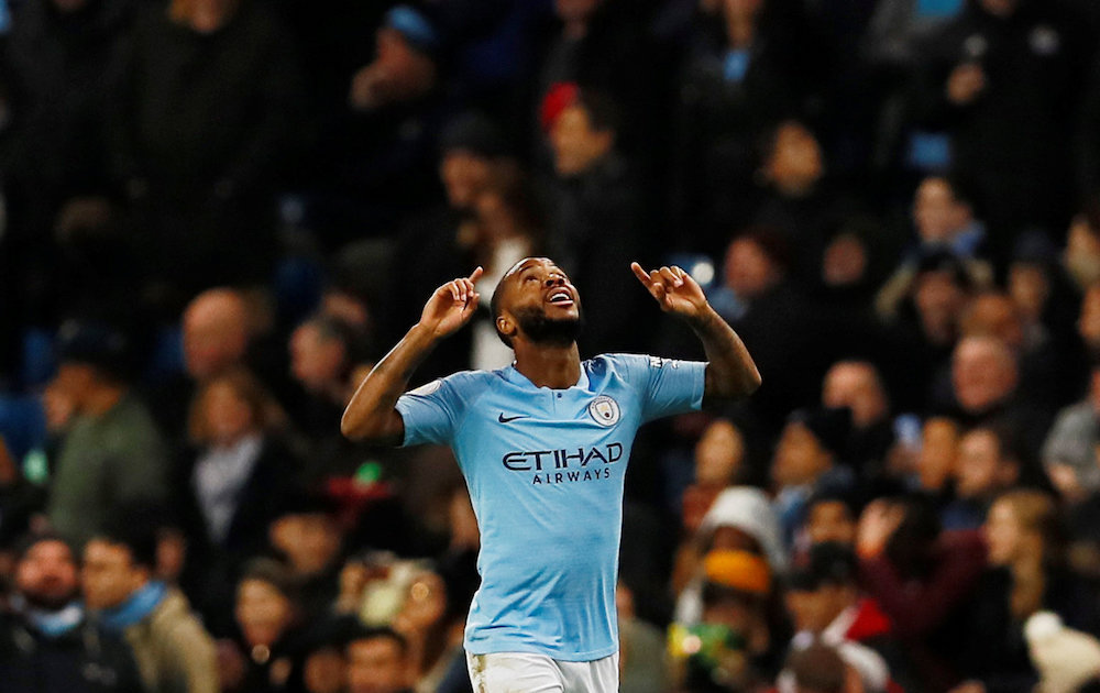 Manchester Cityu00e2u20acu2122s Raheem Sterling celebrates scoring their second goal against Chelsea during their Premier League match in Manchester December 1, 2018. u00e2u20acu201d Action Images pic via Reuters